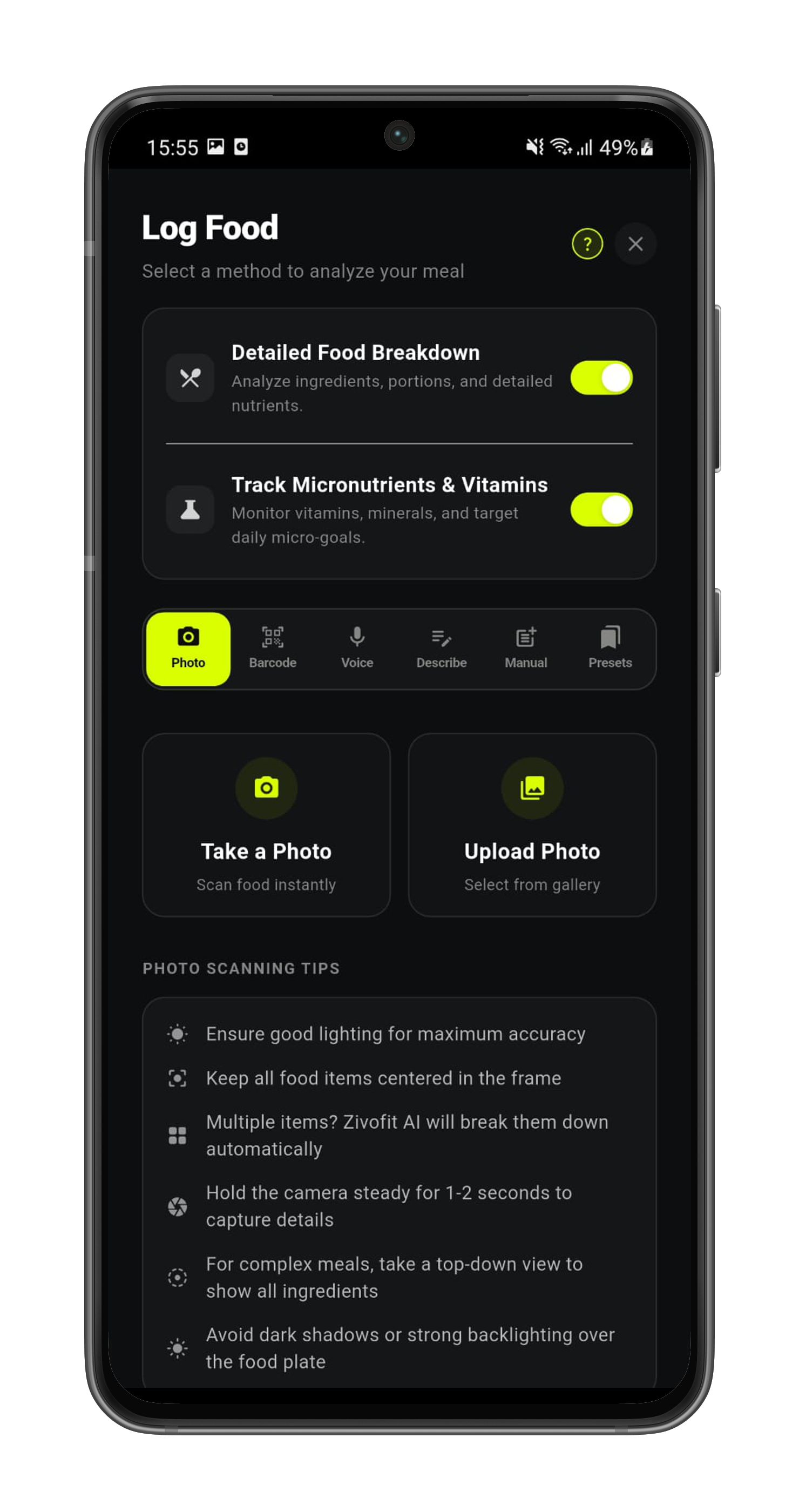 Zivo Food Logging Screen 0